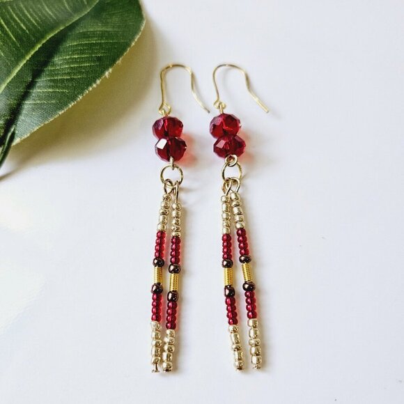 2/$27 | Red Sparkle Beaded Indigenous Native Fringe Earrings | Handmade Jewelry - Picture 3 of 4